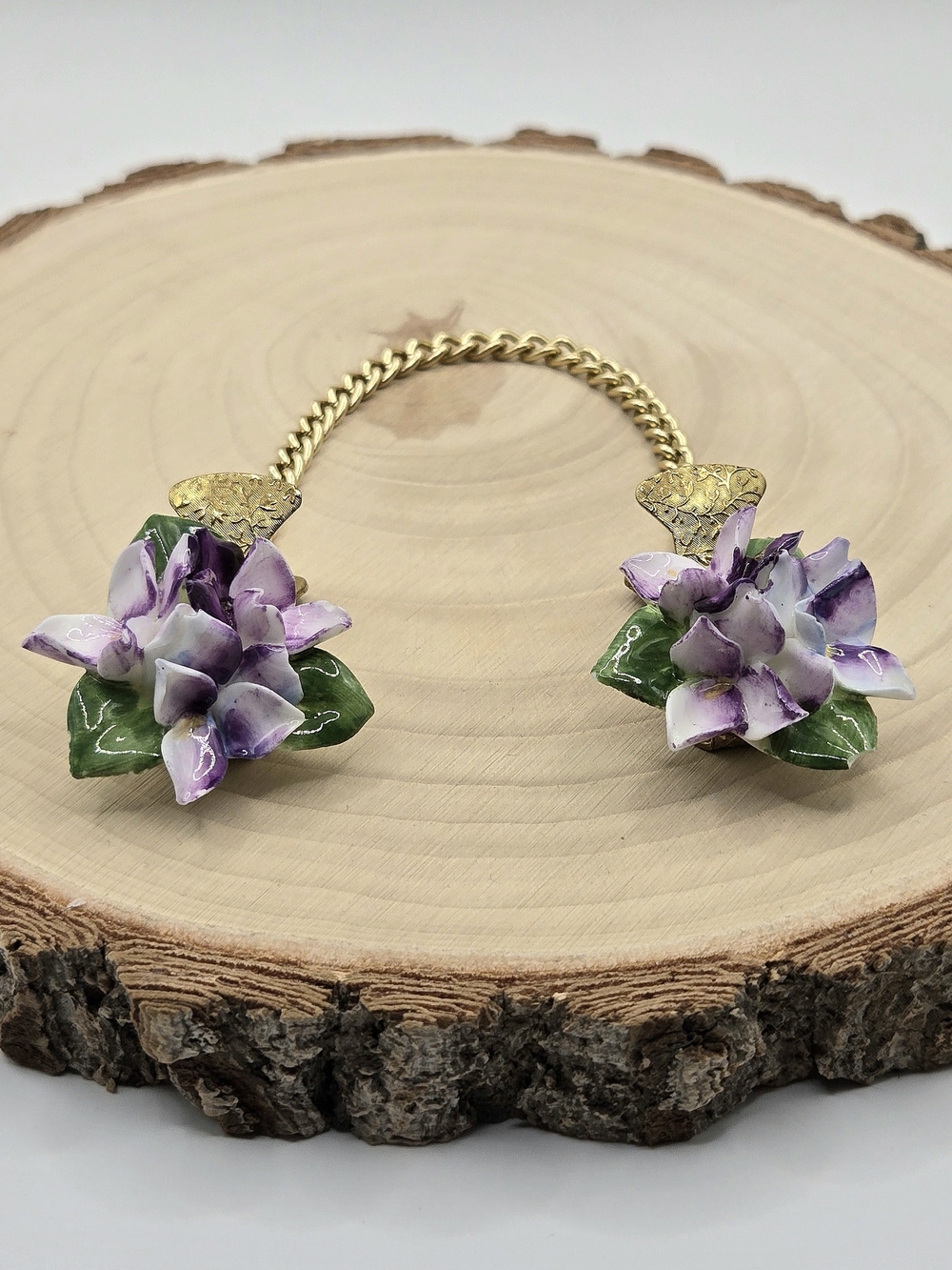 Vintage Floral Porcelain Cardigan Sweater Clip | Gold Tone | Purple Flowers